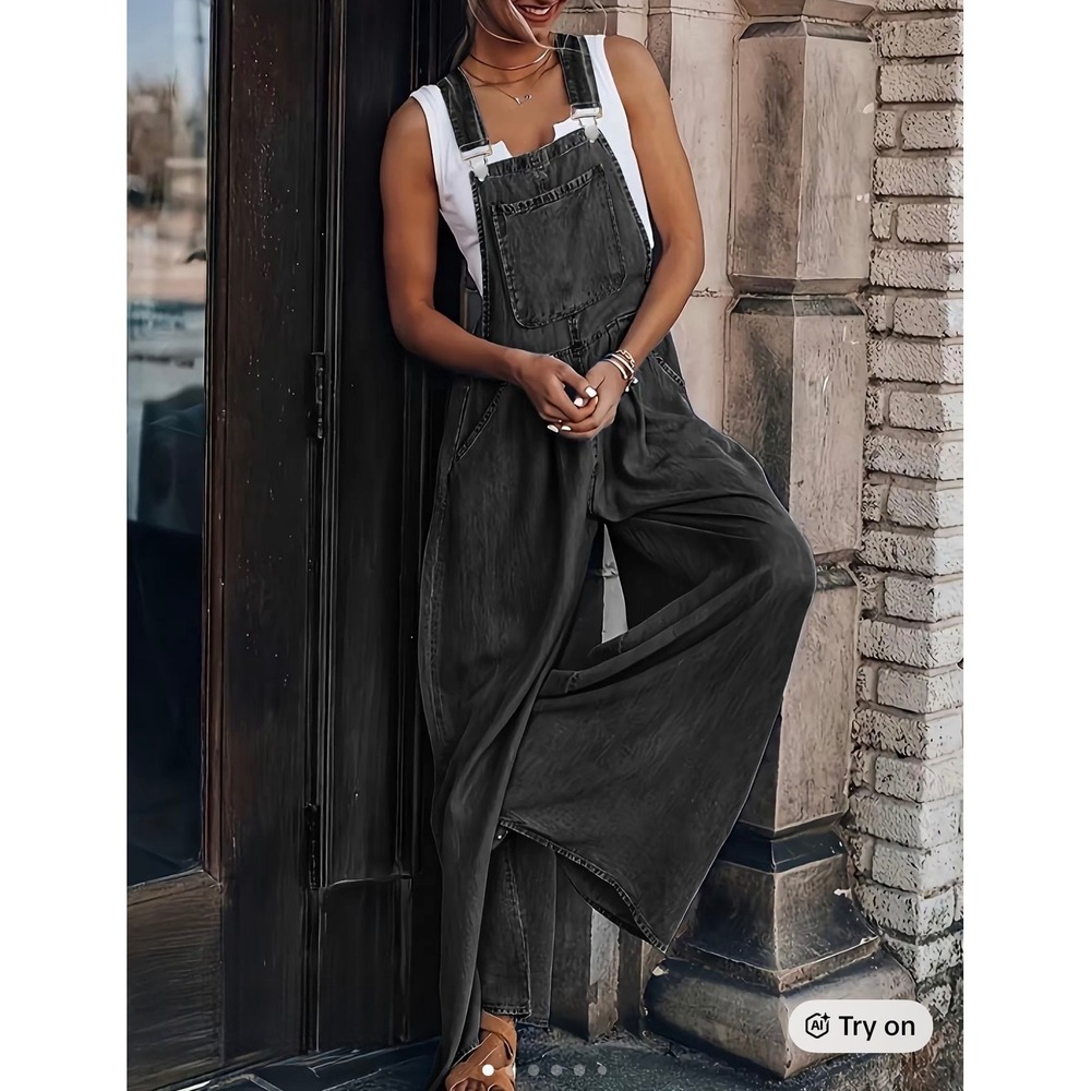 Dark Grey Pleated Wide Leg Denim Overalls Lyocell Blend Bib Jumpsuit Size M NWOT